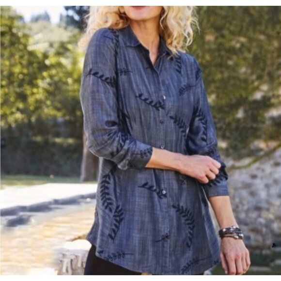 Soft Surroundings Womens Small Gray Leaf-Patterned Button-Down Tunic Top - Picture 1 of 8